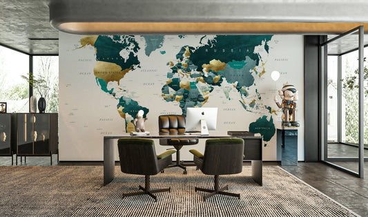 Teal gold world map wallpaper for rooms GD442