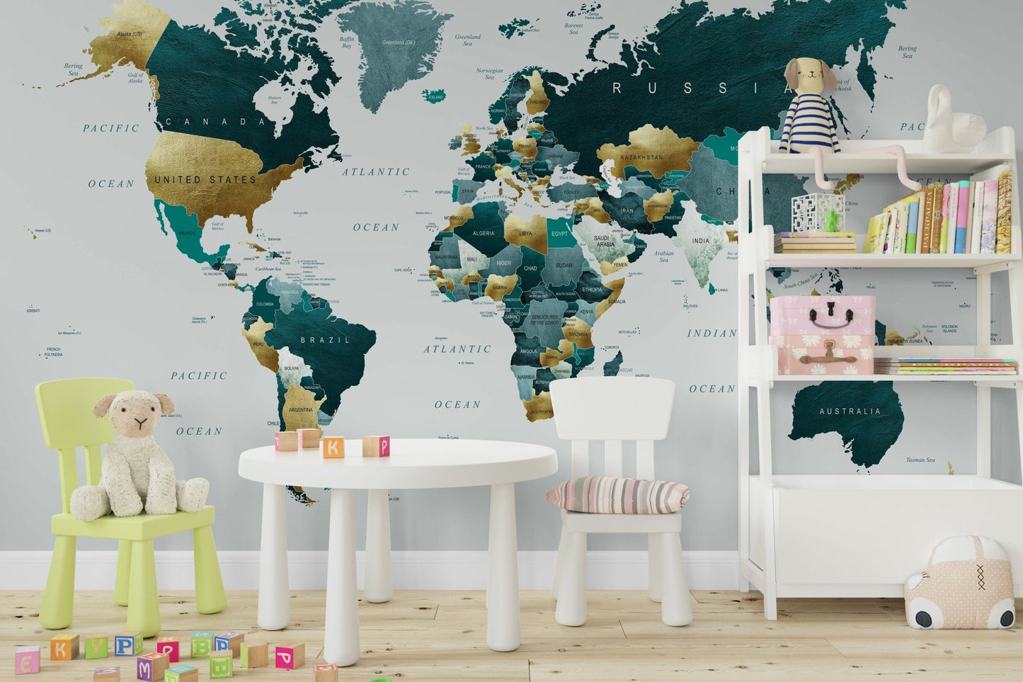 Gold and teal world map wall art mural