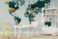 Gold and teal world map wall art mural