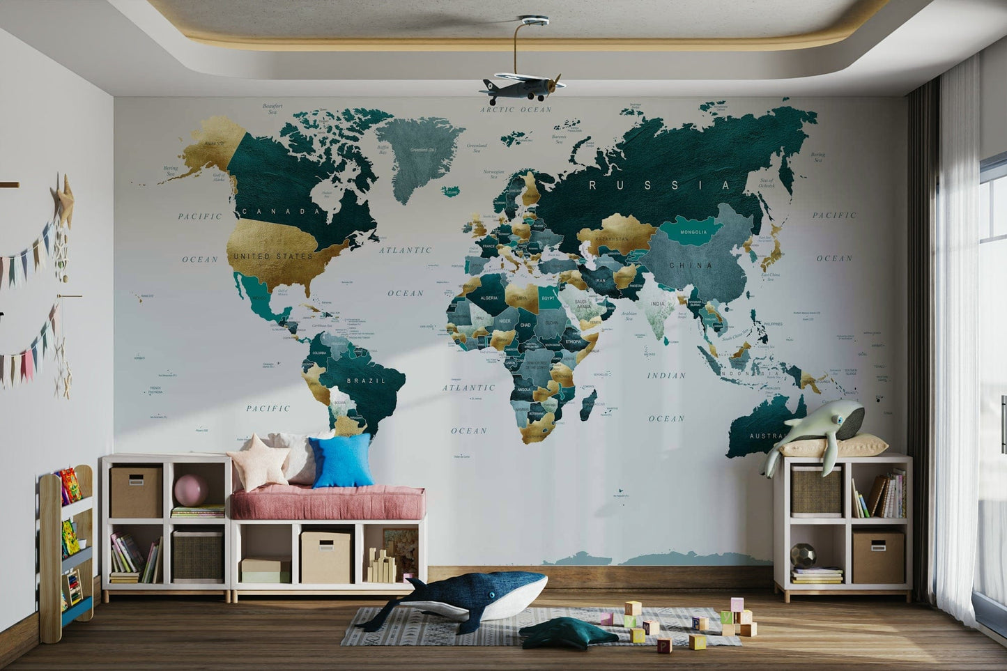 Elegant teal gold world map wall mural

