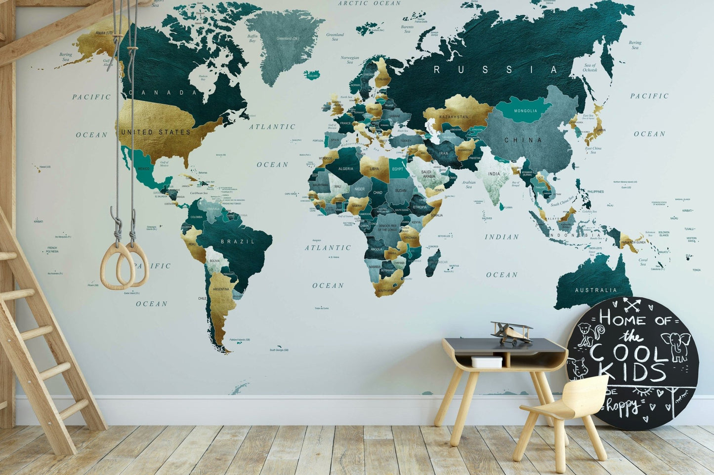 Teal and gold world map for home decor
