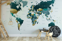 Teal and gold world map for home decor

