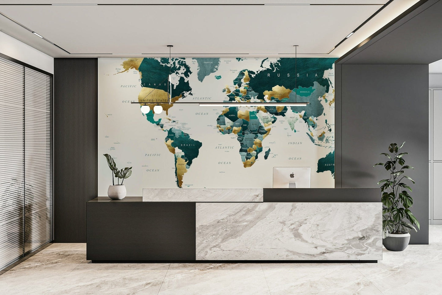 Luxury world map mural with teal and gold

