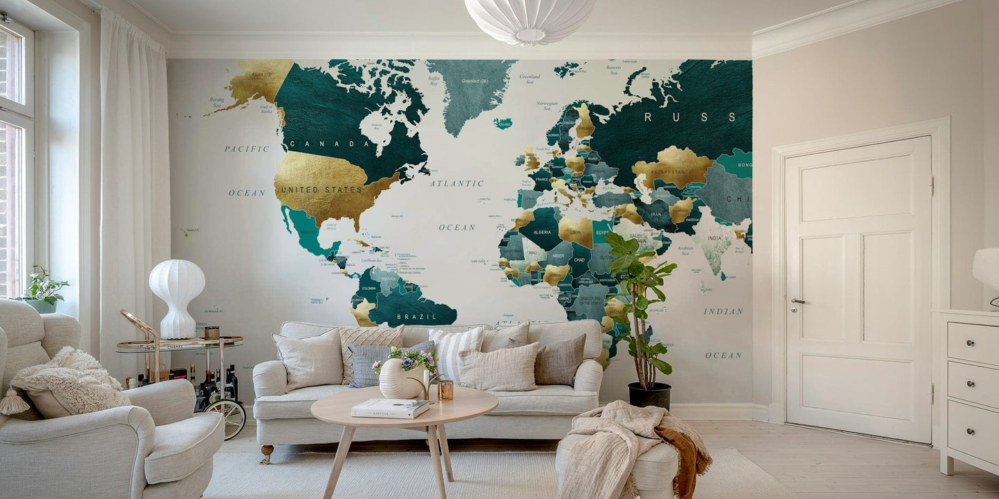 Beautiful Teal and Gold World Map Wall Mural
