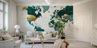 Beautiful Teal and Gold World Map Wall Mural
