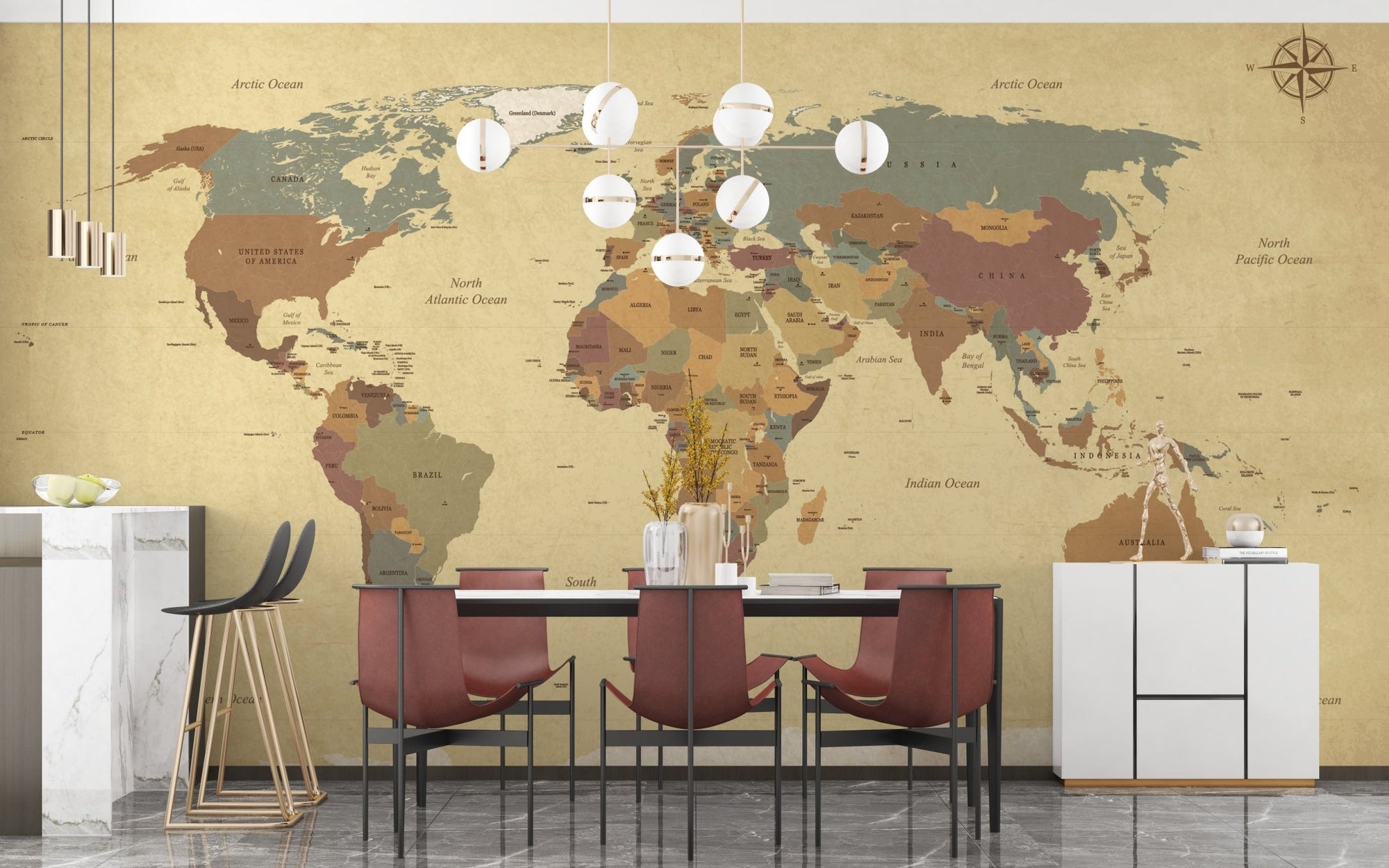 Vintage world map wallpaper mural for global decor A259