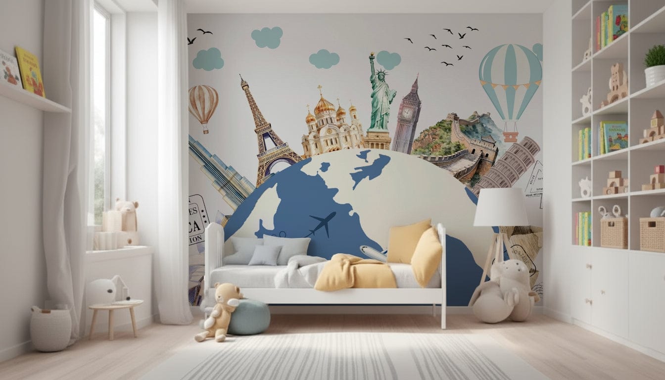 World tour wall mural in a modern living room with neutral tones