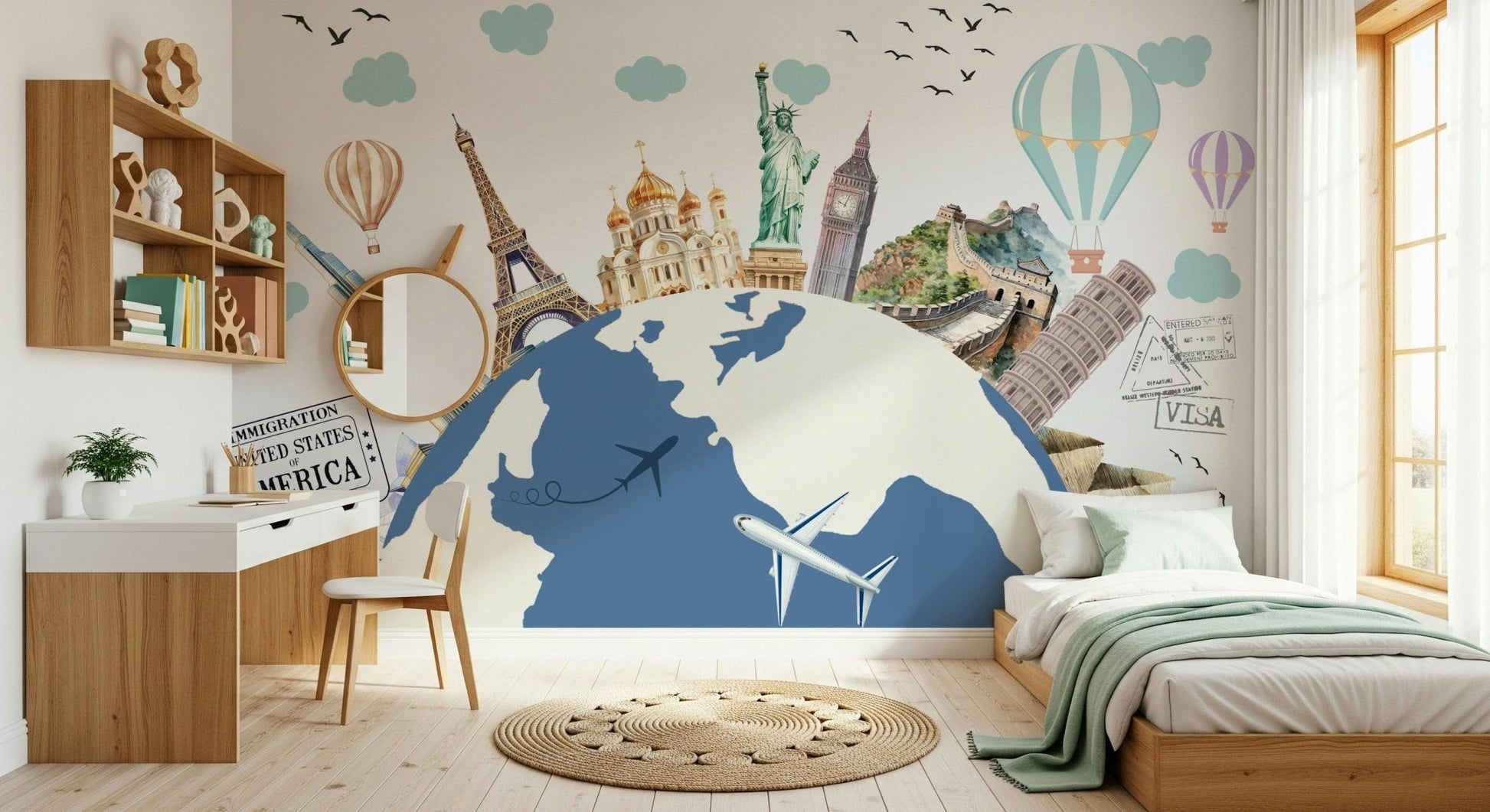 Rustic world map design for a creative studio workspace