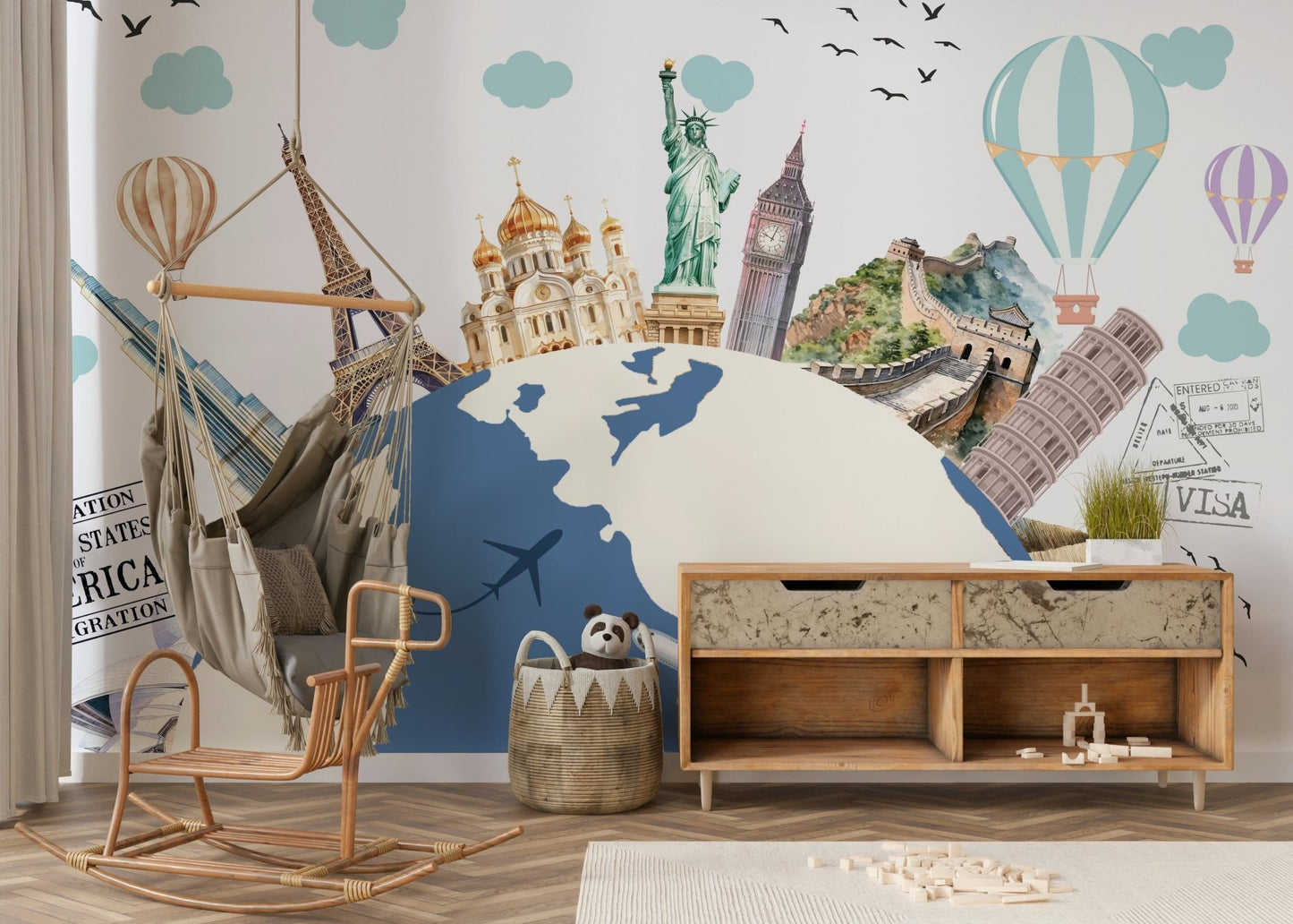 Blue world tour wall mural as a focal point in a sleek hallway