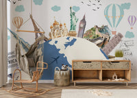 Blue world tour wall mural as a focal point in a sleek hallway