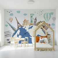 Kids bedroom featuring a colorful world map wall covering