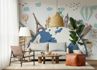 World tour wall mural backdrop for a minimalist guest bedroom