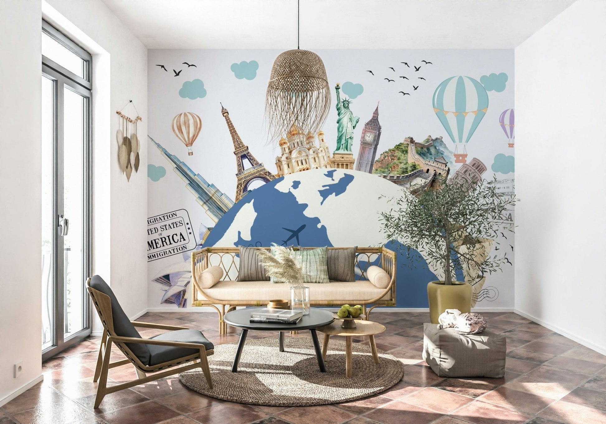 Detailed world tour wallpaper in a professional home office setting
