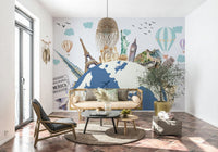 Detailed world tour wallpaper in a professional home office setting