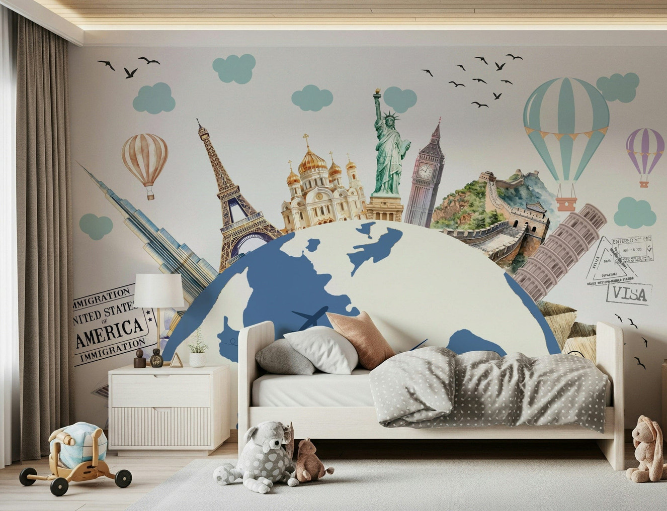Textured world tour wallpaper in a lounge area with wooden furniture