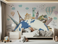 Textured world tour wallpaper in a lounge area with wooden furniture