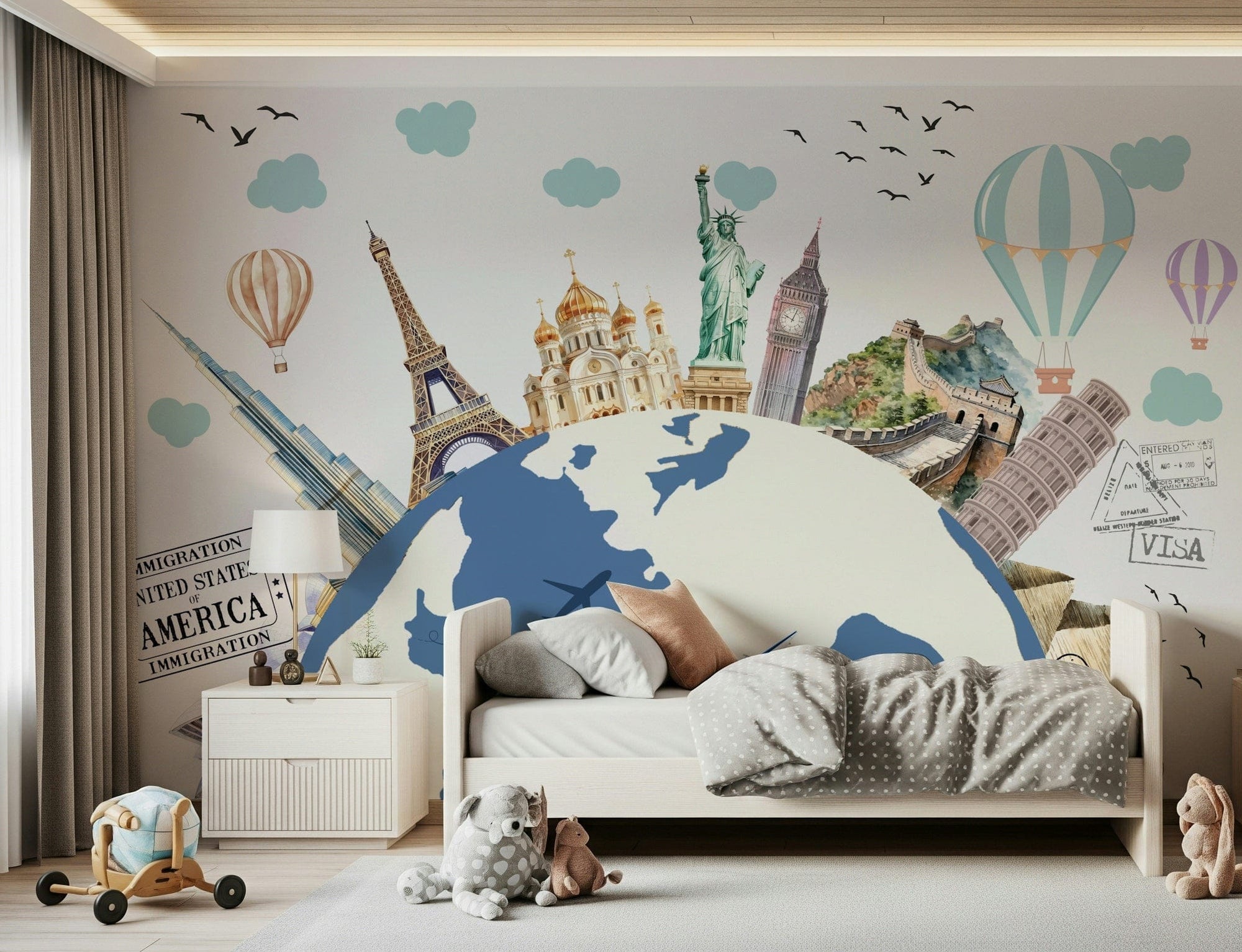 Textured world tour wallpaper in a lounge area with wooden furniture, GD7585