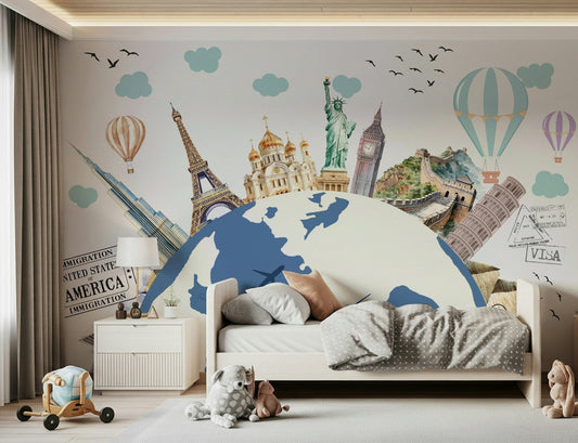 Textured world tour wallpaper in a lounge area with wooden furniture