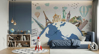 Educational world tour wallpaper with labeled continents and oceans
