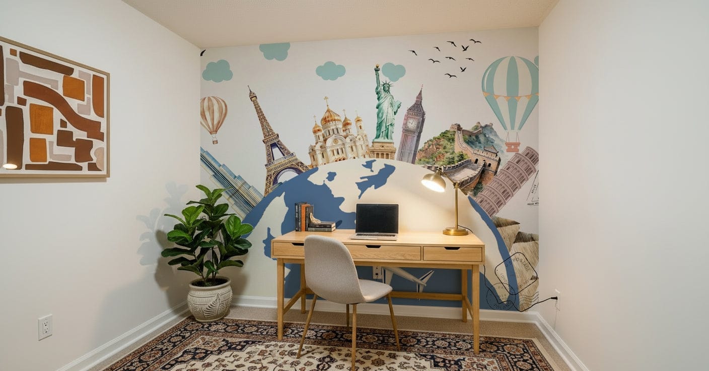 Large scale world tour wall mural in an open plan apartment