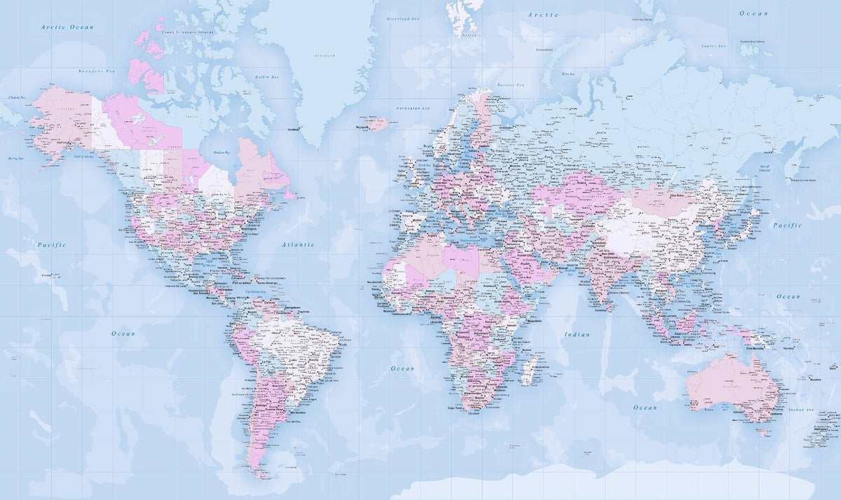 Blue World Map Wallpaper Mural in your room — zoomed