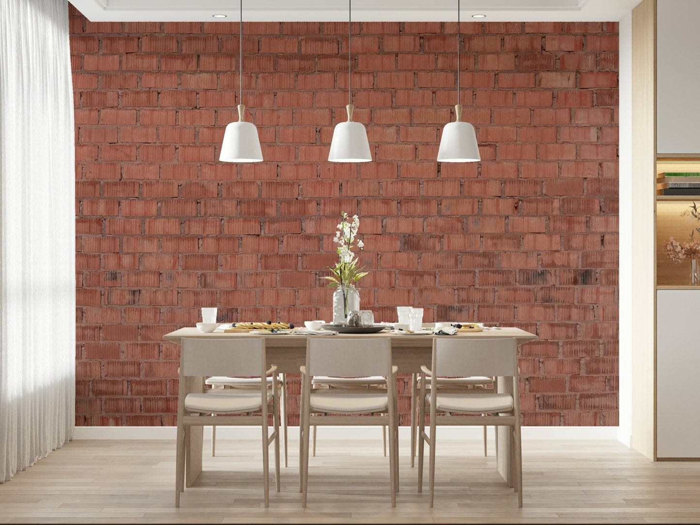 Industrial-style kitchen with textured brick accent.
