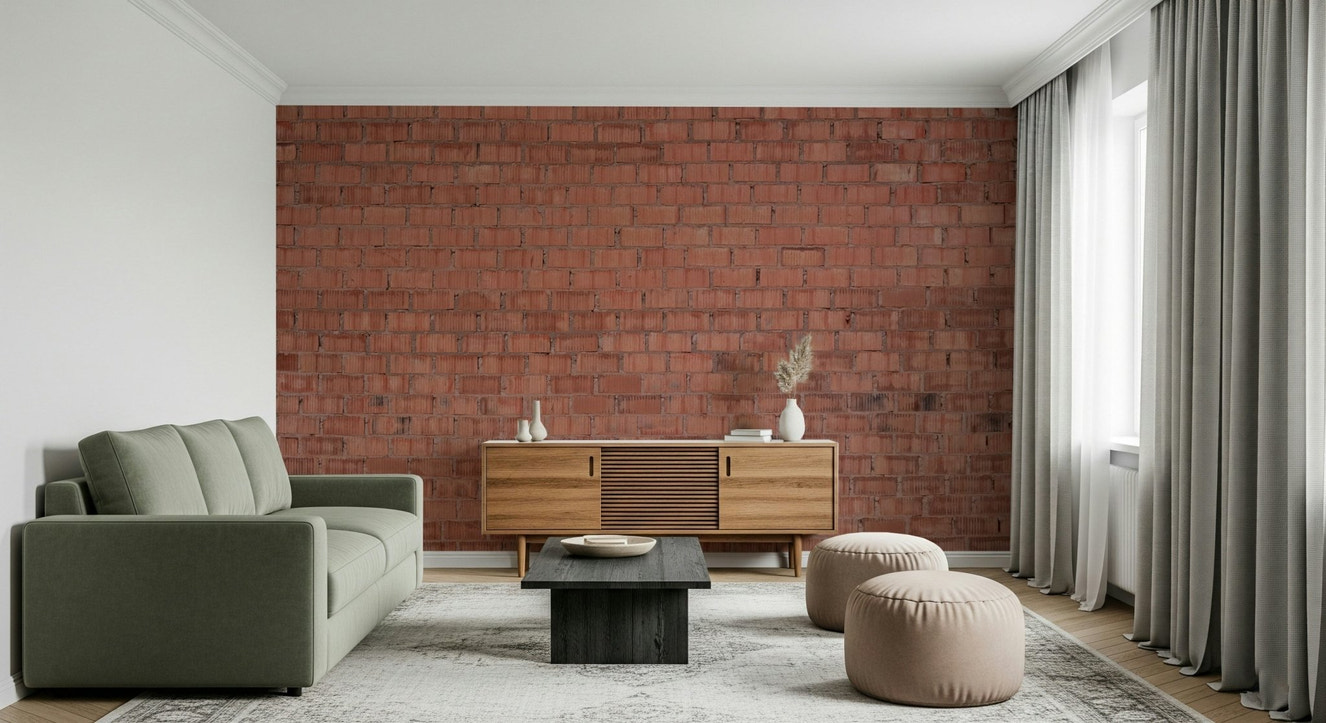 Living room accent wall with worn brick texture wallpaper.