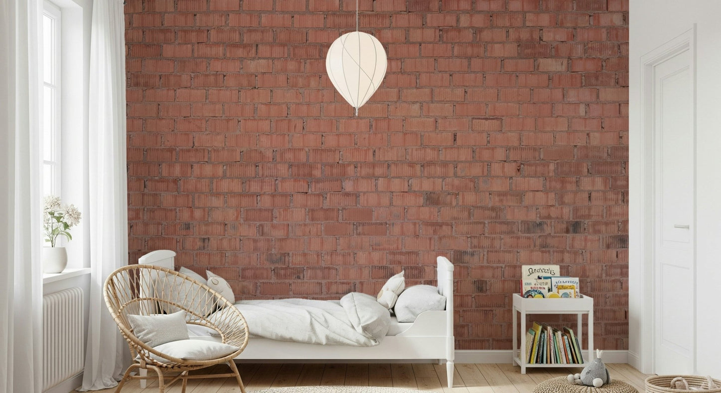 Bedroom wall behind headboard with rustic brick look.