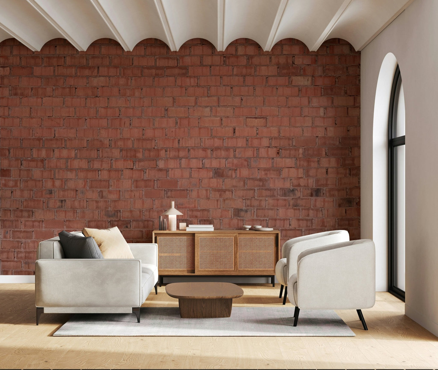 Home office with an inspiring worn brick wallpaper for walls.