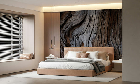 Worn Timber Wall Mural adding cozy farmhouse style to a living room.