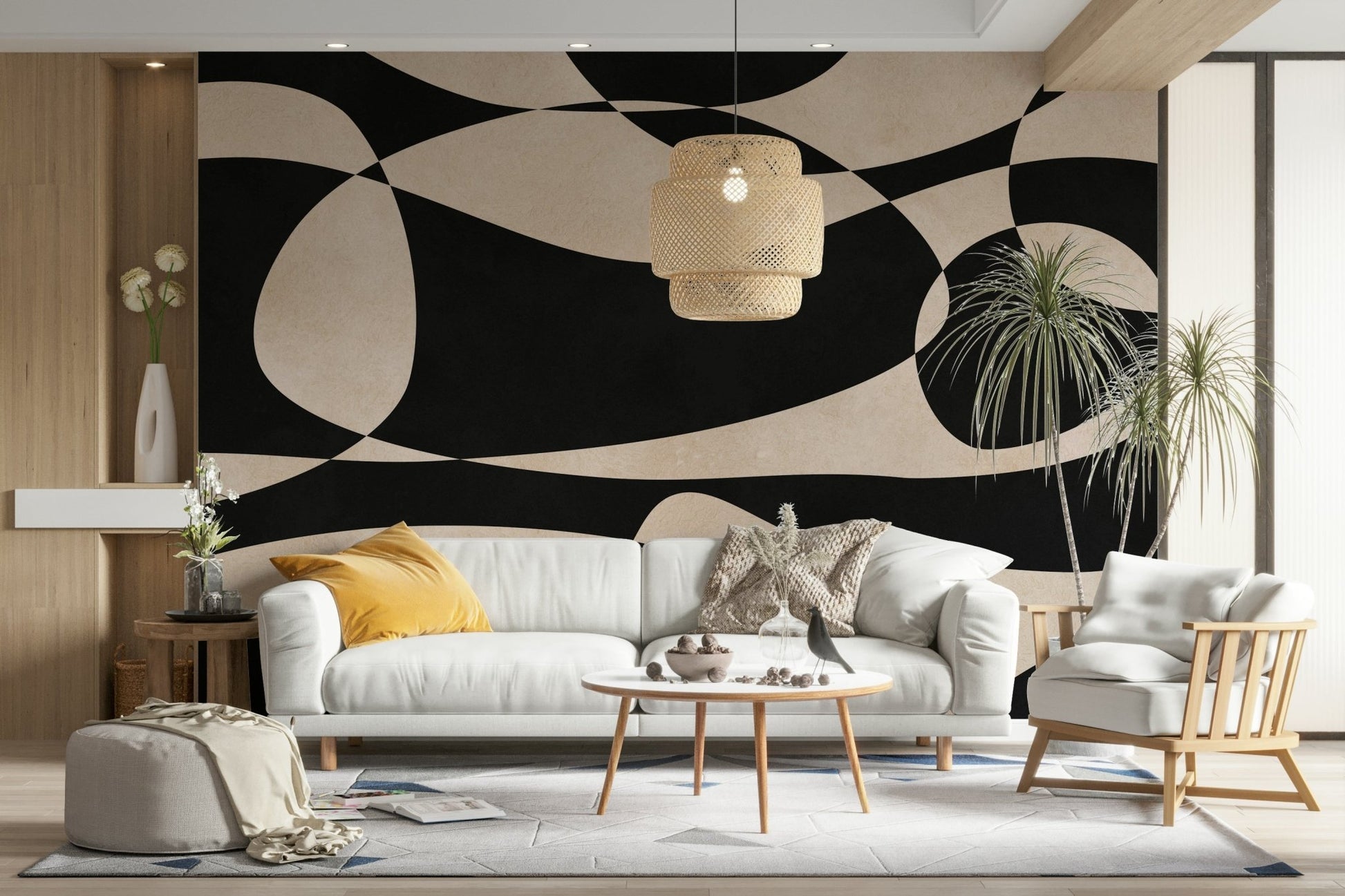 An elegant wall mural with a pattern of woven arcs.

