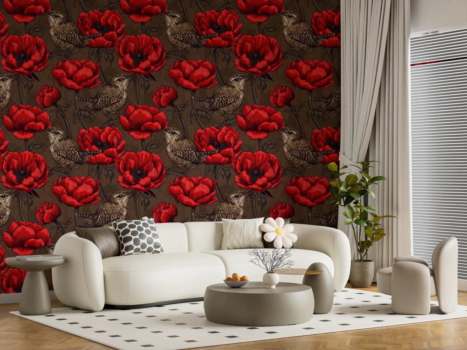 Deep red anemone wallpaper with Wrens in a Red Anemone bird pattern