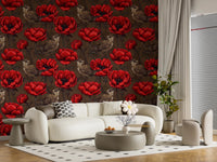 Deep red anemone wallpaper with Wrens in a Red Anemone bird pattern