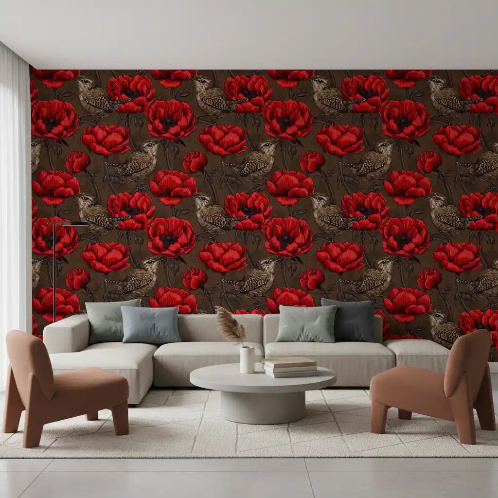 Living room wall in Wrens in a Red Anemone wallpaper with vivid floral birds