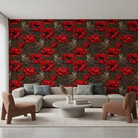Living room wall in Wrens in a Red Anemone wallpaper with vivid floral birds