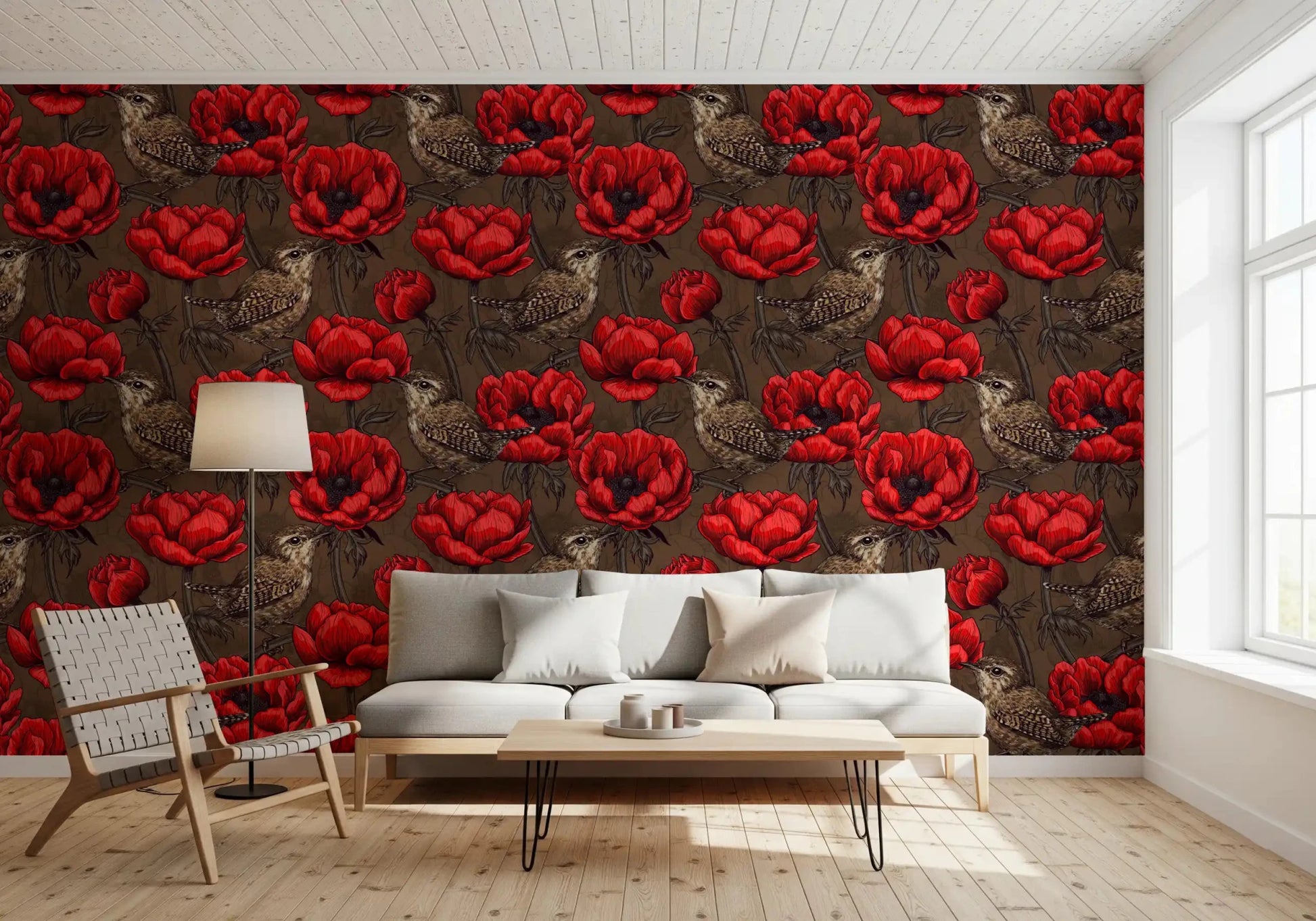 Small birds and crimson flowers in Wrens in a Red Anemone wallpaper