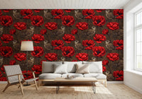 Small birds and crimson flowers in Wrens in a Red Anemone wallpaper