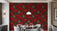 Botanical surface in Wrens in a Red Anemone wallpaper with rich contrast