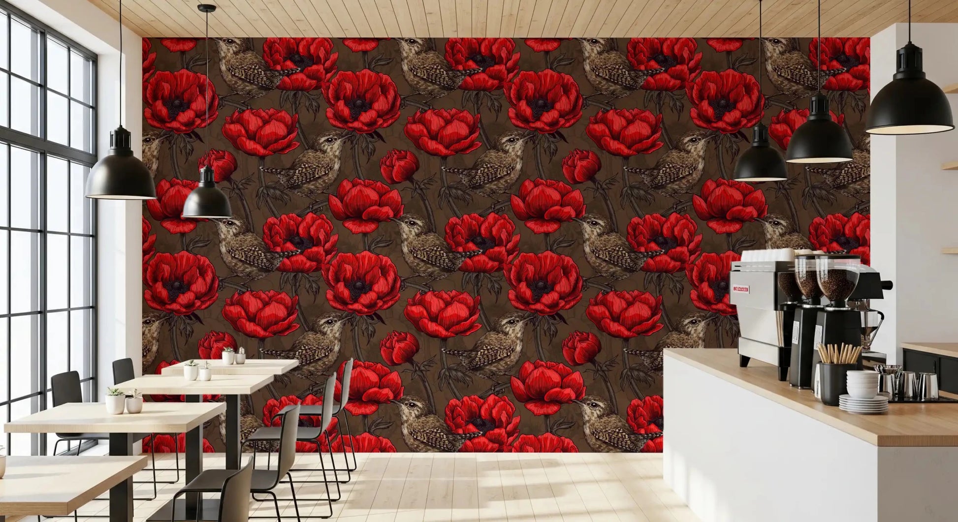 Earthy floral wallpaper showing Wrens in a Red Anemone and leafy stems