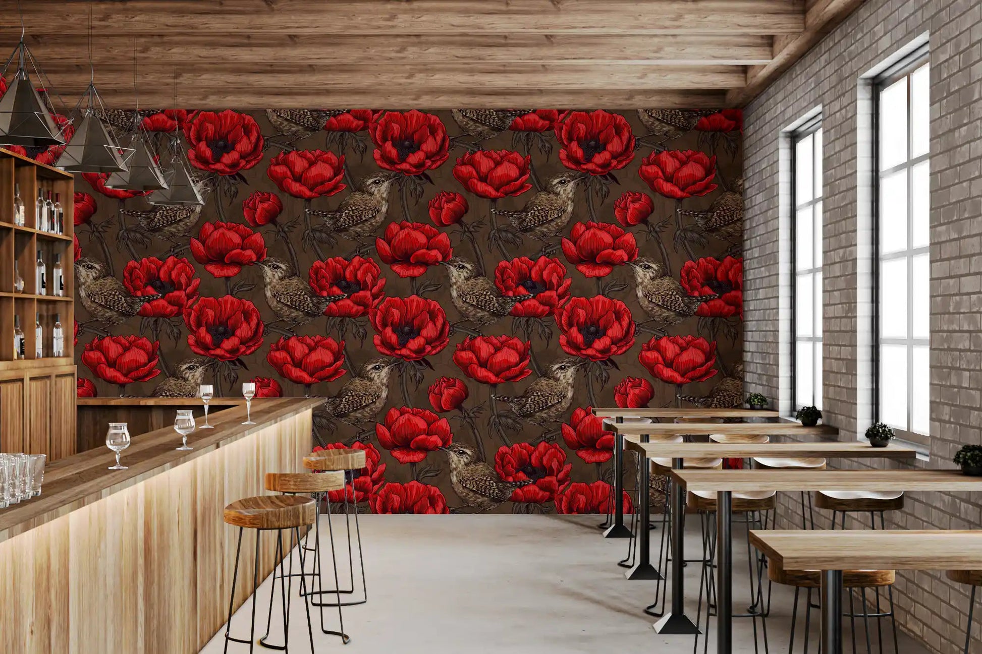 Cafe space with Wrens in a Red Anemone wallpaper and perched wrens