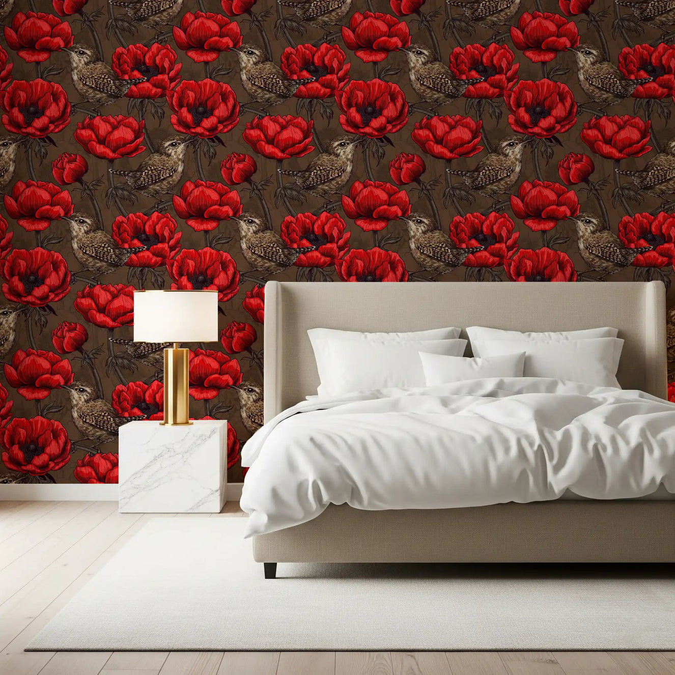 Bedroom styled in Wrens in a Red Anemone wallpaper and deep red blooms