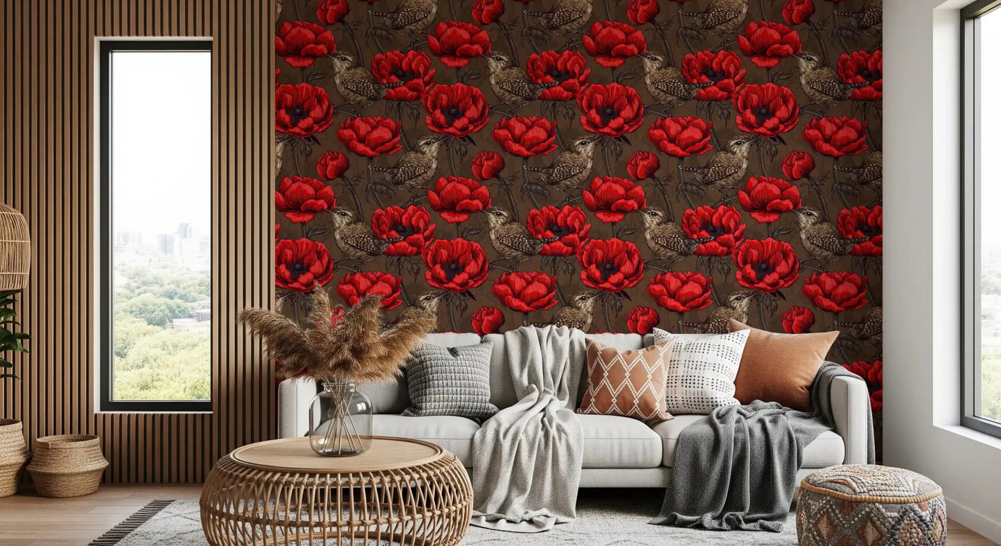 Decorative bird wallpaper with Wrens in a Red Anemone floral arrangement