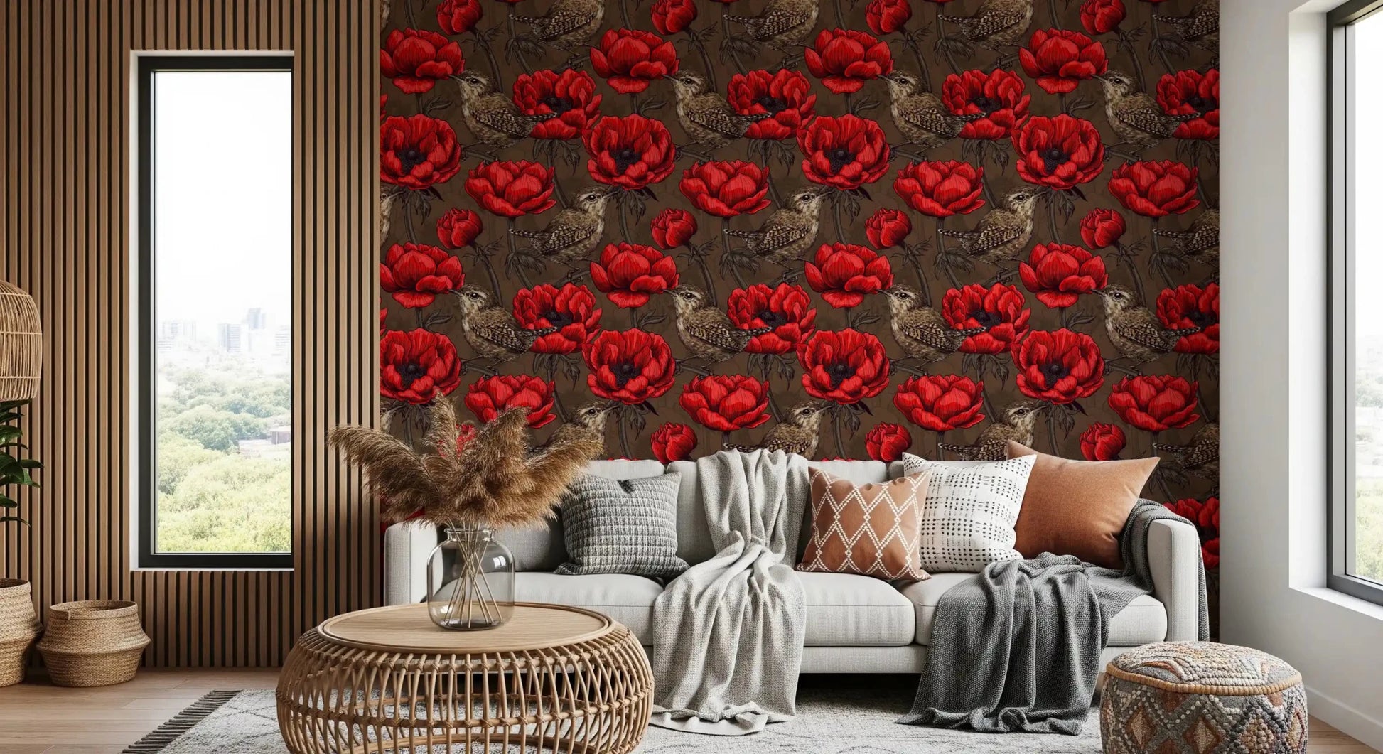 Decorative bird wallpaper with Wrens in a Red Anemone floral arrangement