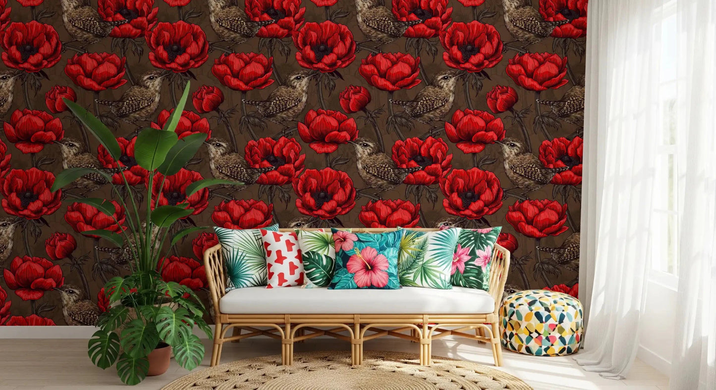 Vintage-style Wrens in a Red Anemone wallpaper with layered bloom detail
