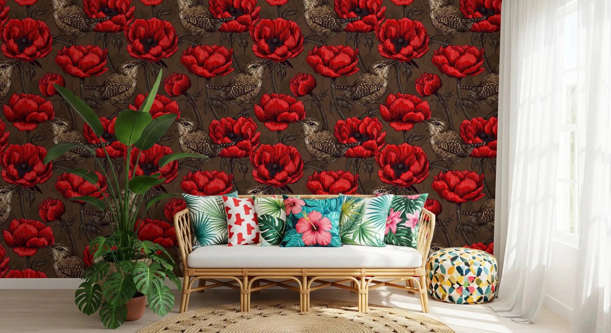 Vintage-style Wrens in a Red Anemone wallpaper with layered bloom detail
