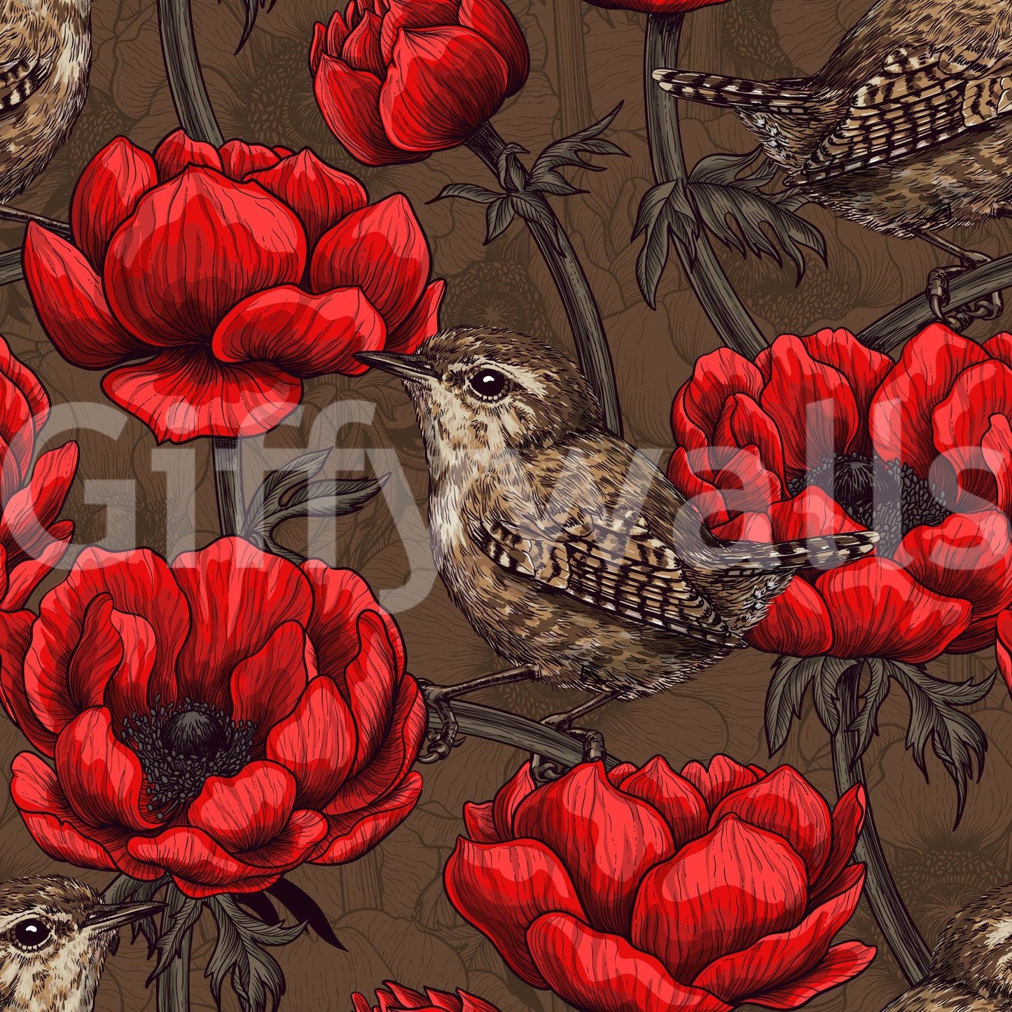Brown-ground wallpaper featuring Wrens in a Red Anemone garden print