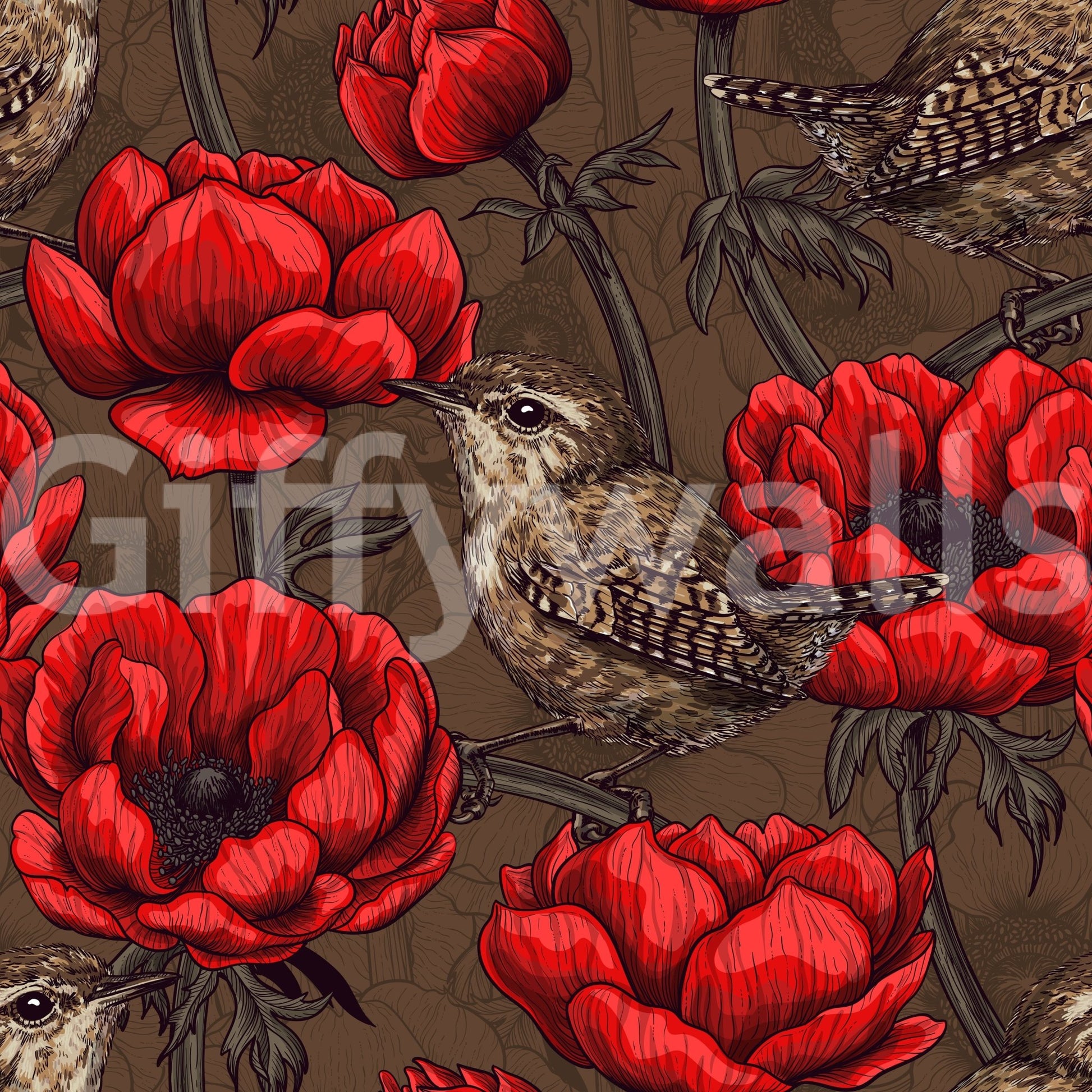 Brown-ground wallpaper featuring Wrens in a Red Anemone garden print