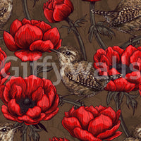 Brown-ground wallpaper featuring Wrens in a Red Anemone garden print