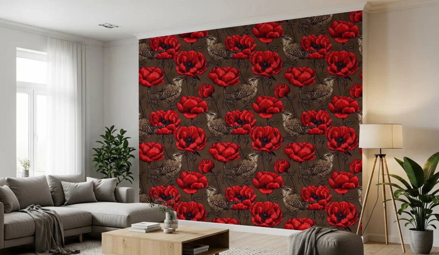 Hallway featuring Wrens in a Red Anemone wallpaper with earthy garden detail