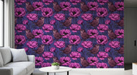 Purple anemone wallpaper with Wrens in the Anemone garden print, GD9300